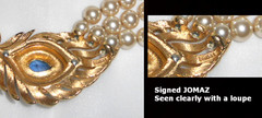 Vtg Signed JOMAZ 3 STRAND fauxPEARL NECKLACE Peacock Feather motif/Faux Sapphire