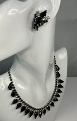 Vintage Black Faceted, Glass/Stone Necklace & Clip-On Earring Set. 1940s-1950s.￼