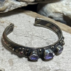 53. Vintage Nepal Mix Metal Triple Amethyst Garnet Cuff Bracelet 7″, 37g