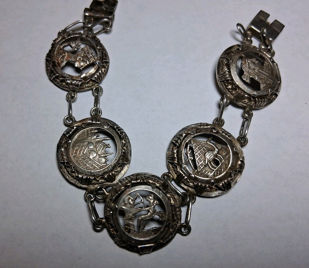 Vintage Egyptian Revival Silver Bracelet. Circular Panels Ornate Egyptian Motifs