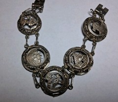 Vintage Egyptian Revival Silver Bracelet. Circular Panels Ornate Egyptian Motifs