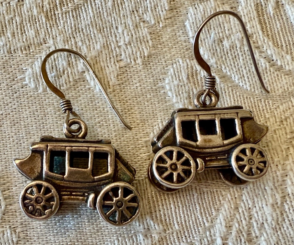 Sterling Silver Stagecoach Earrings, 3/4″ Long X 1/2″ HIgh, 9.6 Grams Vintage