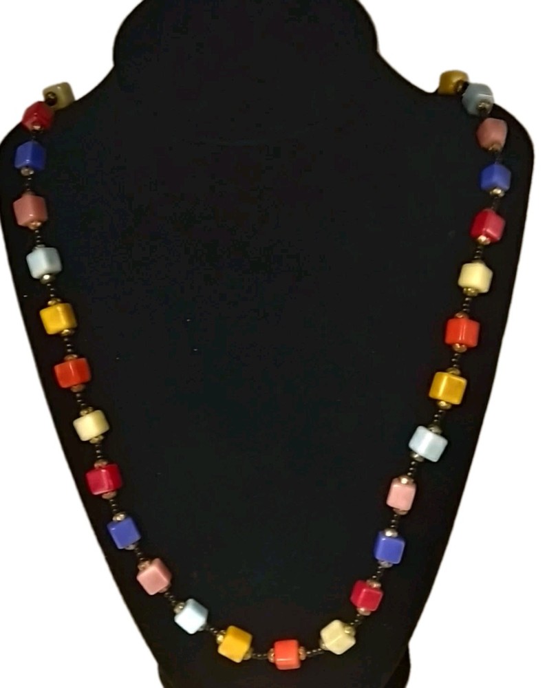 Vintage 1960″s Square Art Glass Beads Bohemian Necklace Multi Color Strand