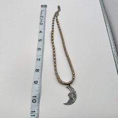Vintage Y2K Silver Tone Crescent Moon Pendant Beaded Natural Fiber Cord Jewelry