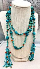 Vtg 58 Inch Beaded Tassel Lariat Necklace Sterling, Turquoise , Chrysoprase etc.