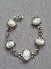 Ornate Antique 800 Silver Filigree shell Carved Cameo Link Bracelet: 7.5” Long