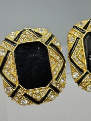 Vintage Gold Tone Black Enamel Center Clear Rhinestone Panel Design Clip On