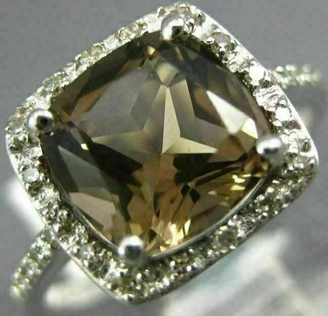 ESTATE 2.30CT DIAMOND & AAA SMOKY TOPAZ 14K WHITE GOLD 3D CUSHION HALO FUN RING