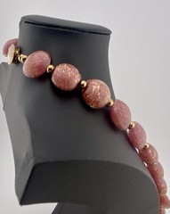 VTG MCM Handblown 24K Aventurine Pink Venetian Art Glass Beaded Necklace, Italy.