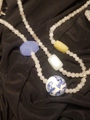 Asian Chinoiserie Bead Necklace & Yellow, Green,White Jade/jadeite, 35″sterling