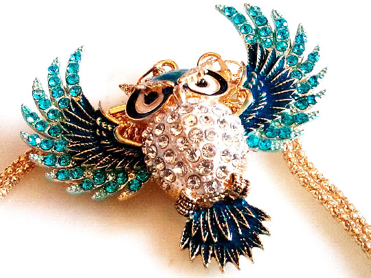 RHINESTONE OWL NECKLACE!Blue Enamel Bird Pendant.Aqua & Clear Crystals.Gold Tone