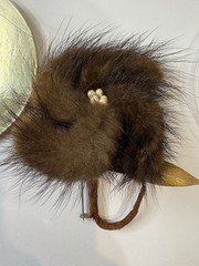 Mink Fur Flower Brooch Pin Faux Pearl Gold Leaf Accent Mid-Century Vintage Box