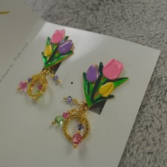 Lunch at the Ritz Earrings Tulip Festival Signed Clip On Menu Card