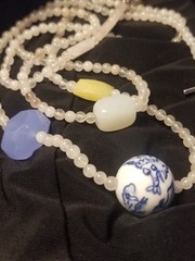 Asian Chinoiserie Bead Necklace & Yellow, Green,White Jade/jadeite, 35″sterling