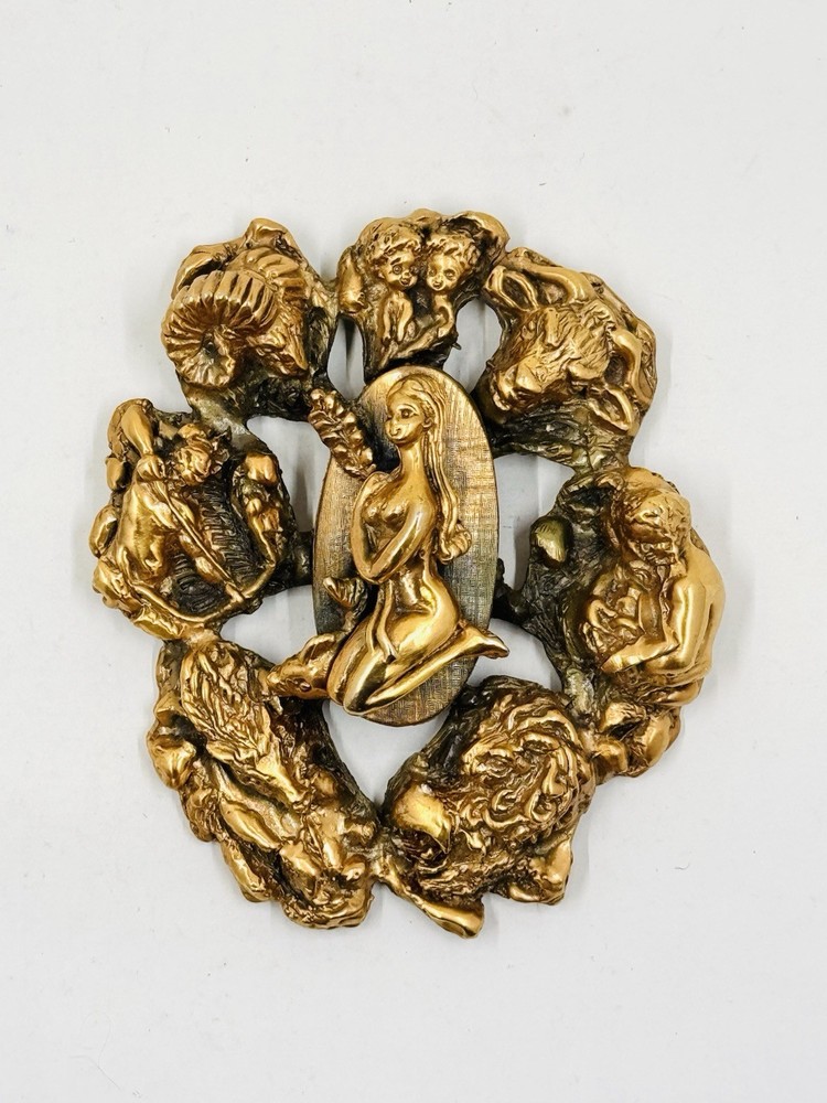 TORTOLANI Gold Plated Pewter High Relief Zodiac Pendant VTG 1960’s Rare