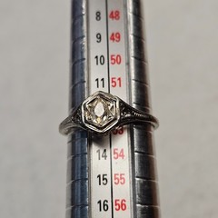 Antique Belais 18K White Gold Art Deco Ring Elongated Old Mine Cut Diamond