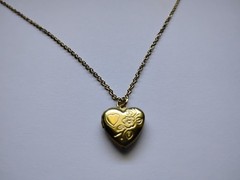 Gold Heart Locket necklace etched flower 14K gold plated chain Retro Vintage