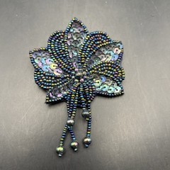 Blue Sequin Beaded Brooch Pin Flower Floral 80s Iridescent Peacock Tone Vintage