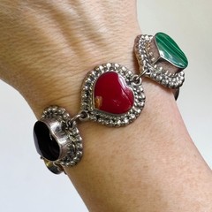 Vintage Taxco Sterling Silver 925 Heart Link Bracelet Red Black & Green Enamel