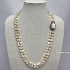 Vintage Mother of Pearl Cameo Clasp MOP Beaded Necklace Double Strand 8mm