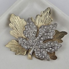 Vintage Silver Tone Gold Tone Rhinestones Classic Maple Leaf Brooch Pin