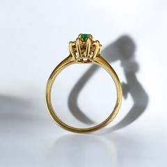 Petite Vintage 14 Karat Yellow Gold Emerald & Diamond Ballerina Halo Ring