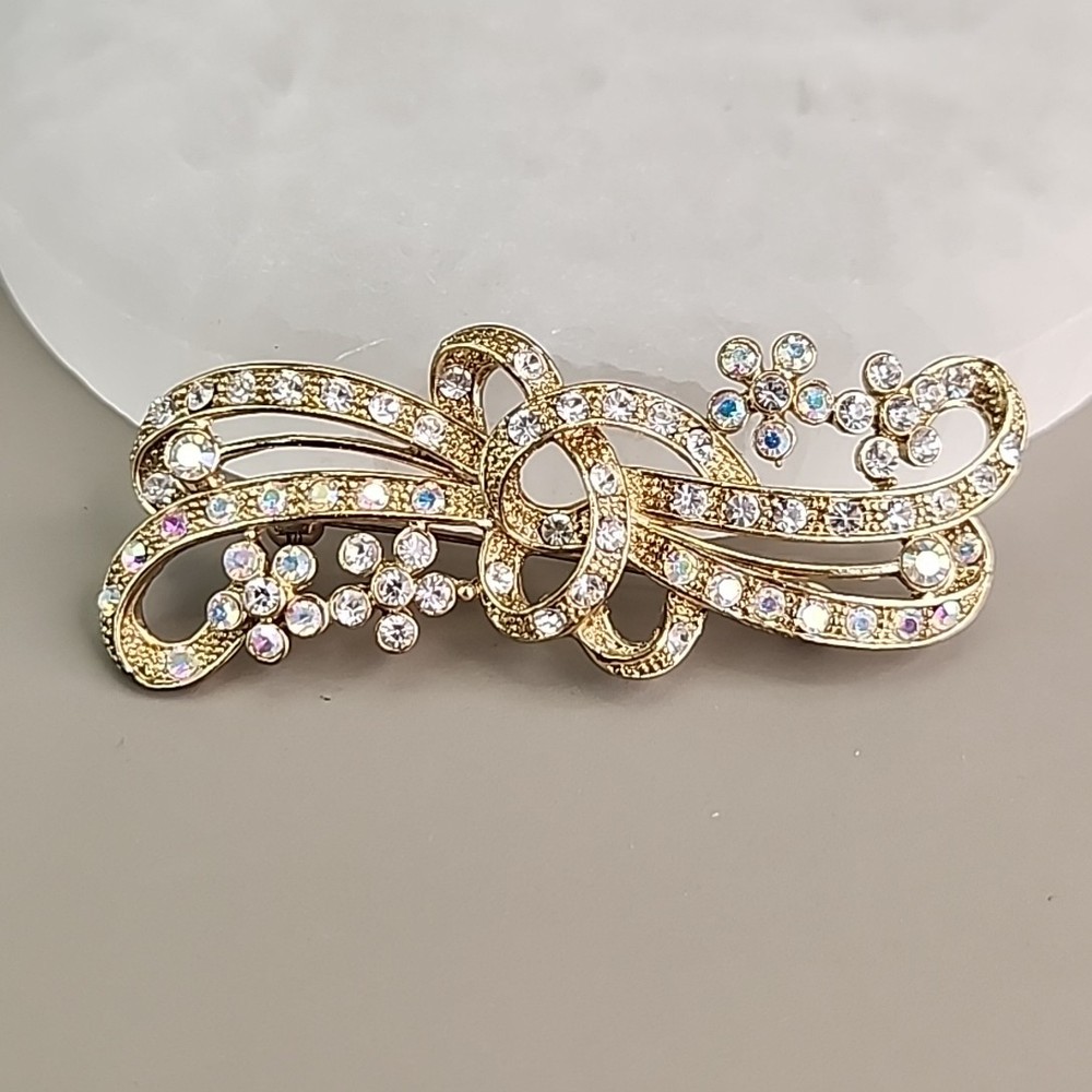 Rhinestone Ribbon Bow Brooch Clear AB Flowers Gold Tone 3.25″