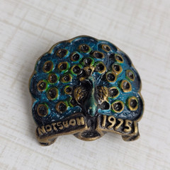 Vintage Peacock Brooch Metal Multicolor Enamel Notsuoh 1975 Houston Signed KIM
