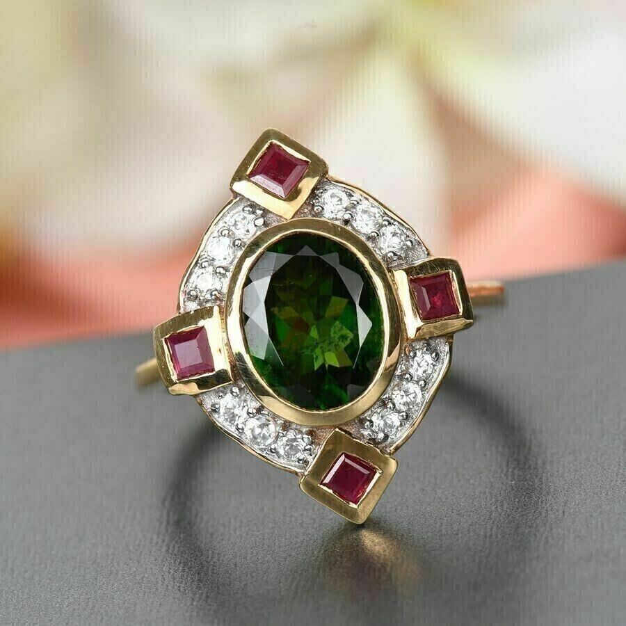 3.45Ct Art Deco Style Green Lab Created Emerald Engagement 14K Gold Finish Ring