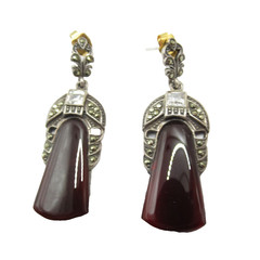 Art Deco Style Sterling Silver .925 Brown Gemstone Marcasite Pierced Earrings