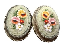 Vintage Pink Green Yellow Micro Mosaic ALP Clip Earrings Flower Shabby Chic