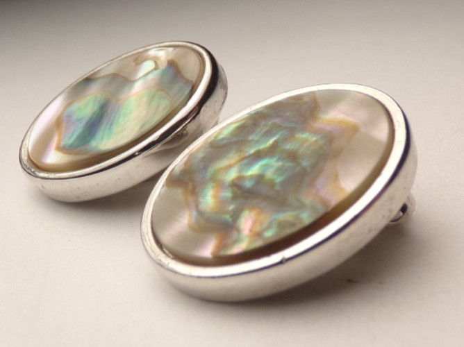 VTG WHITING AND & DAVIS SILVER PLATE OVAL ABALONE SHELL CLIP ON EARRINGS 3/4″