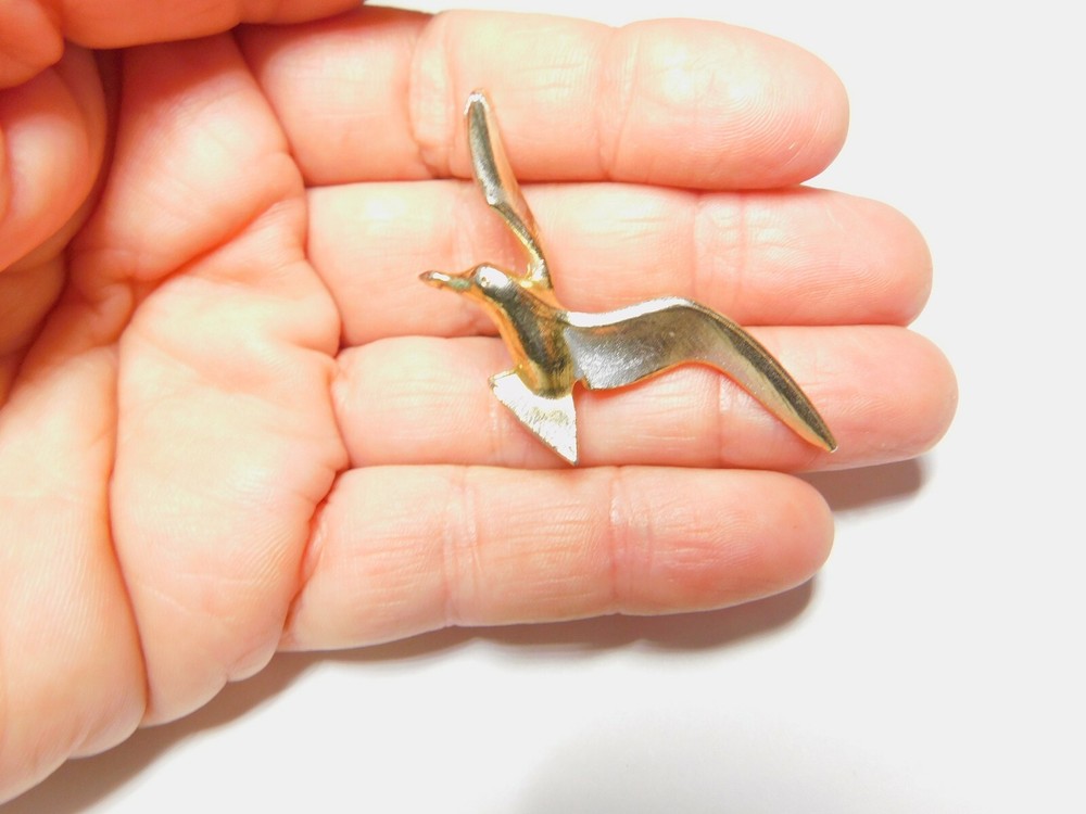 Silver Enamel Flying Seagull Gold Plated Pewter Metal Vintage