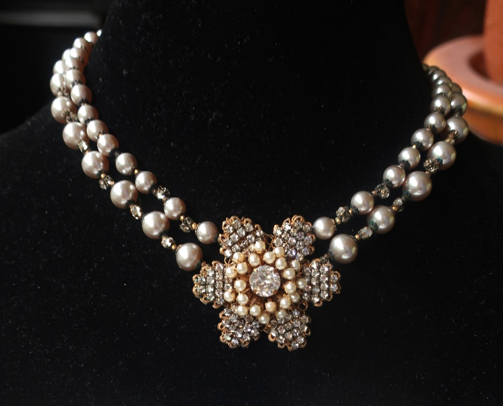 Vtg Signed Miriam Haskell Pearl Choker Necklace Frank Hess Floral Rhinestone