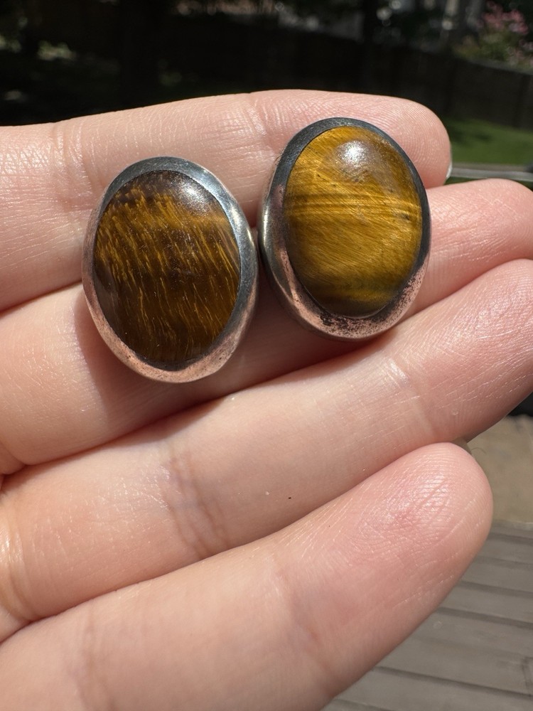 Vintage Mexico 925 Sterling Silver Tiger’s Eye Stud Earrings – 15g