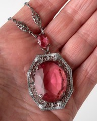 Antique ART DECO Silver Tone PINK Glass Rhodium Plated Filigree Necklace