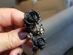 Vintage Juliana D&E Molded Plastic Rhinestone Flower Brooch Pin Mourning Jewelr