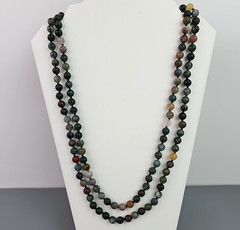 Vintage Frosted Indian Agate Necklace 56 in Matte Green Stone Beads Long Strand