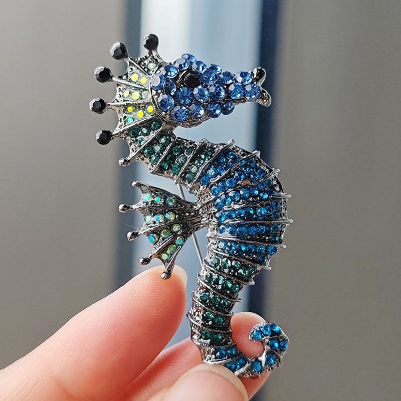 Vintage Blue Rhinestone Seahorse Brooch Pin Sea Animal Brooch Pin Accessories