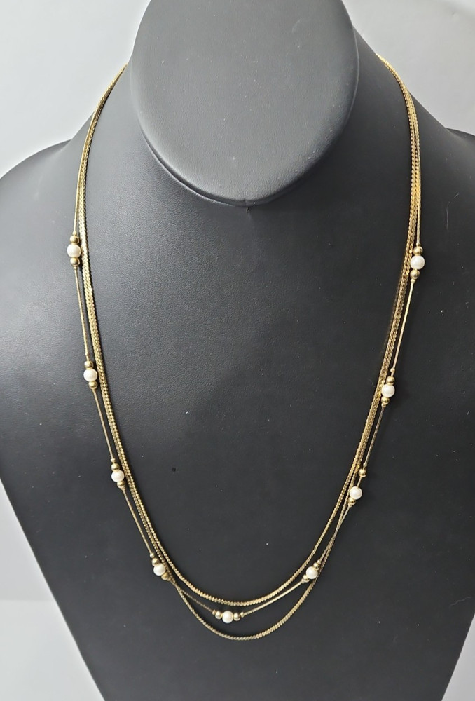 Vintage Gold Tone Multistrand Necklace Small Faux Pearl Stations