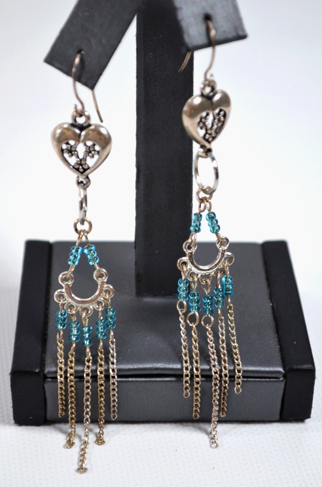 Silver Tone Chandelier Pierced Earrings Turquoise Color Glass Beads 3.5″