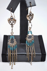 Silver Tone Chandelier Pierced Earrings Turquoise Color Glass Beads 3.5″