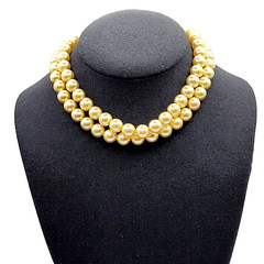 Double Strand 1950s Pearly Light Gold Color Beaded Choker Vtg Necklace 15 Inch