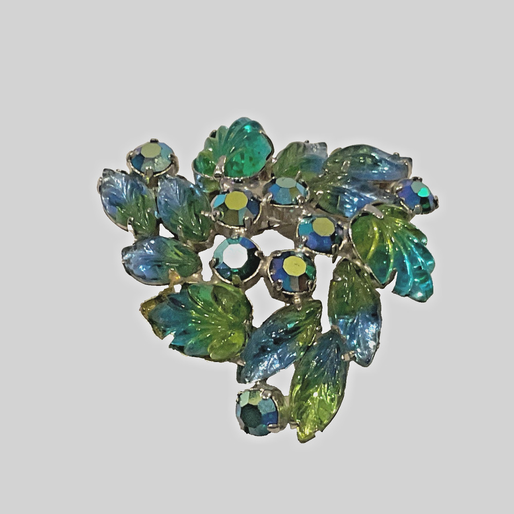 Juliana DeLizza Elster AB Rhinestone Blue Greens Givre Glass Leaf Molded