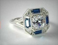 Art Deco Style Lab Created Diamond & Sapphire Wedding 14k White Gold Finish Ring