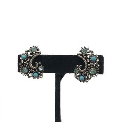 Vintage Lisner Silver Tone Blue Rhinestone Flower Climber Clip On Earrings