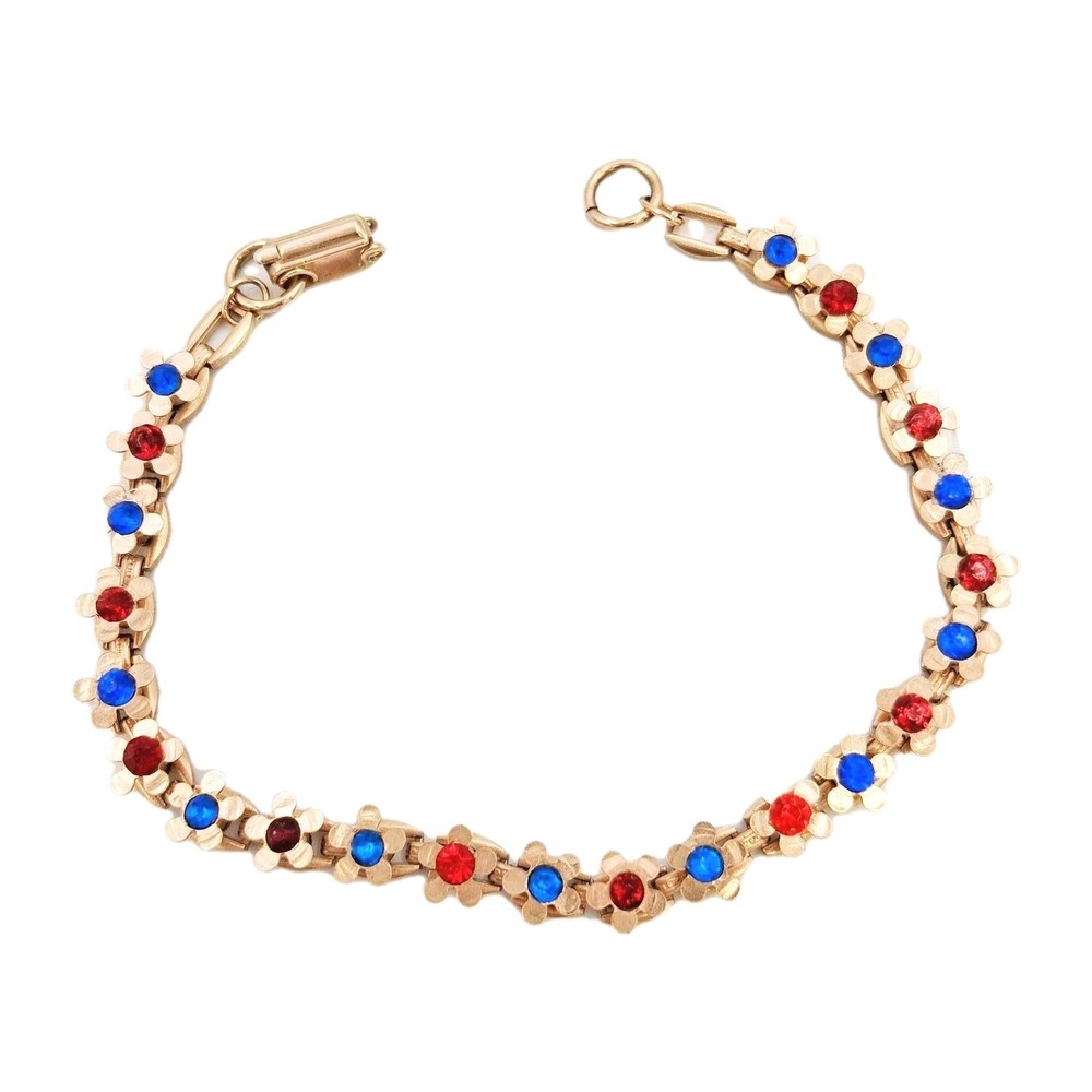 Vtg 1970s Copper Tone Red Blue Rhinestone Flower Link Bracelet 7″