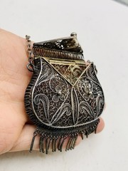 Antique Silver Tone Intricate Filigree Swirl Flower Coin Perfume Purse Pendant