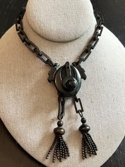 Rare Antique Victorian Gutta Percha Vulcanite Mourning Necklace Pendant Tassels