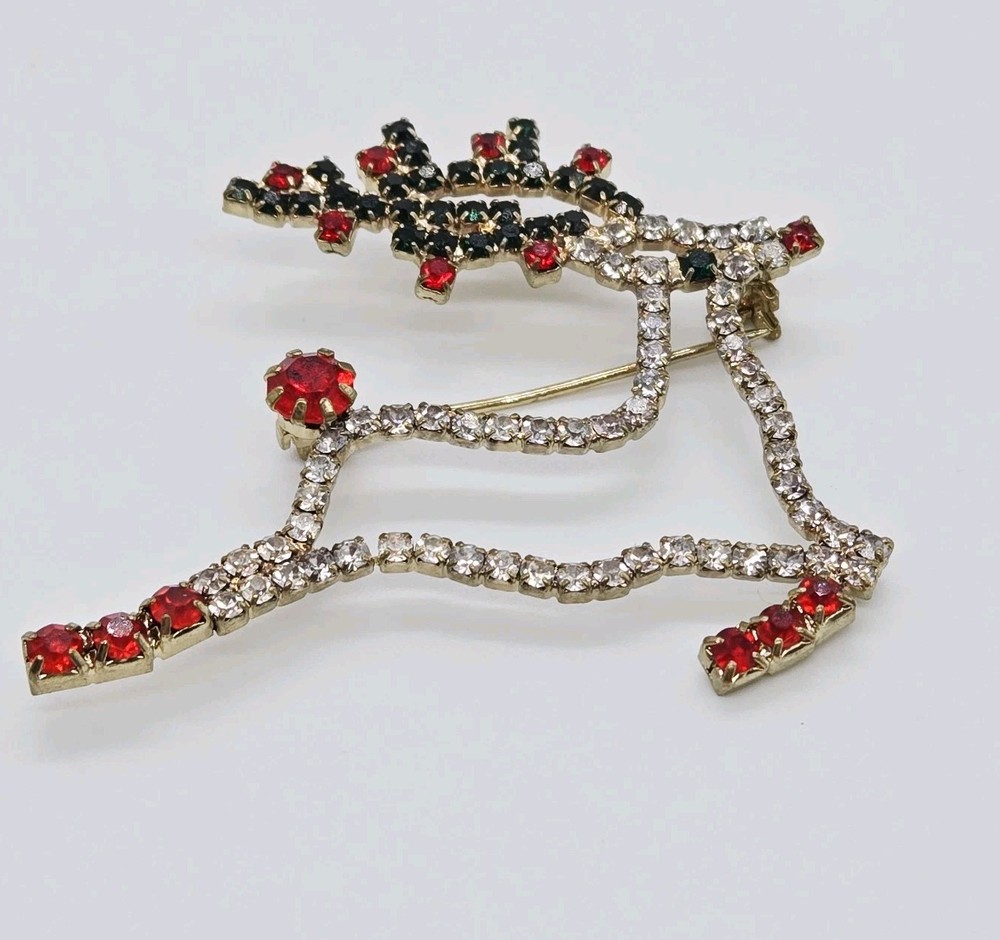 Reindeer Brooch Deer Pin Crystal Gold tone Christmas Holiday Gift Flying Vtg #5